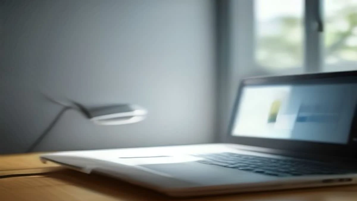 A bright minimal desk with a laptop and a smartphone showing an abstract rising line chart in natural window light