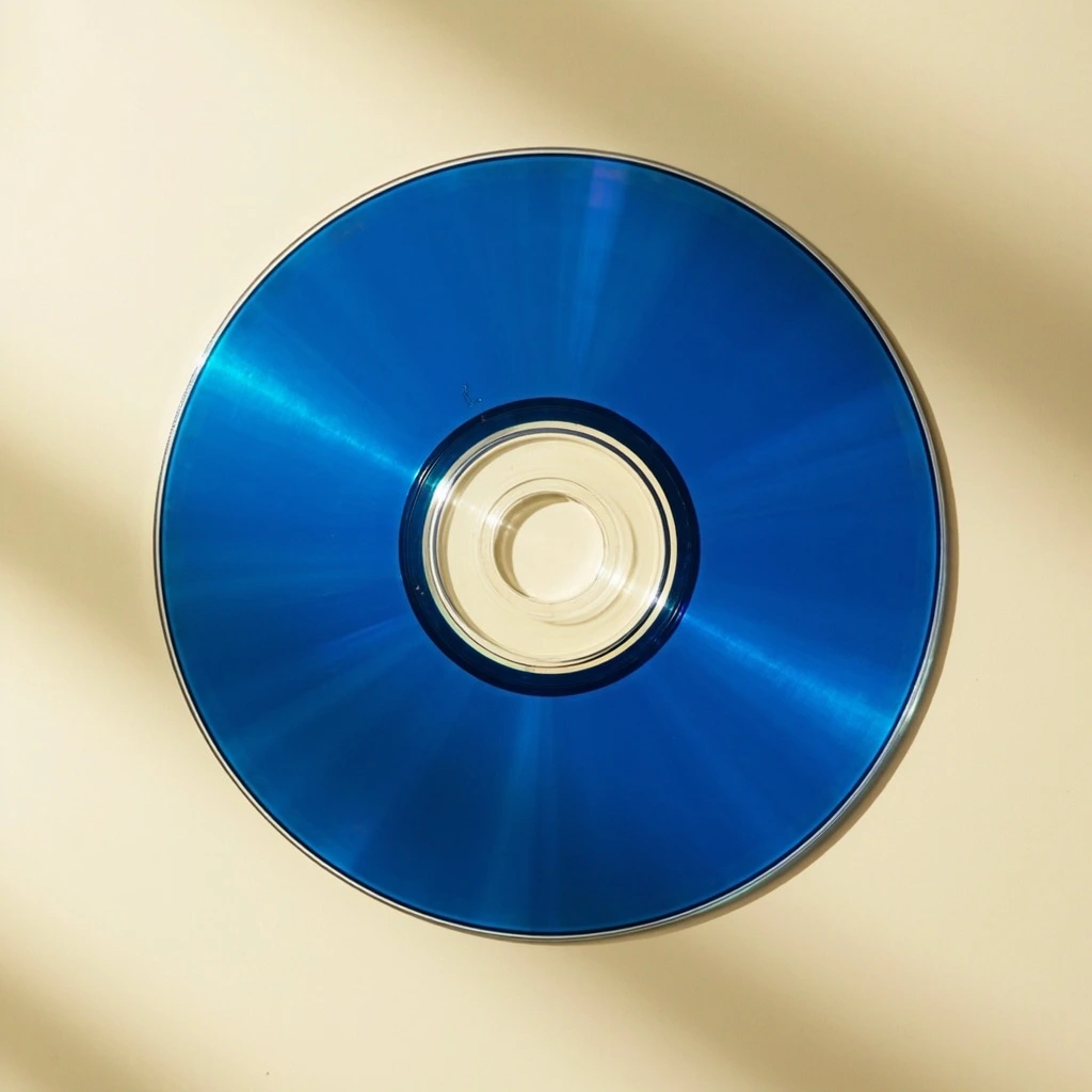 Photograph of a Blu-ray disc, straight-on top-down.